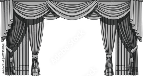 Classic Luxury Grey Window Curtains Illustration with Decorative Swag Valance and Tassel Tiebacks for Interior Design, Theater Stage, or Elegant Home Decor Background