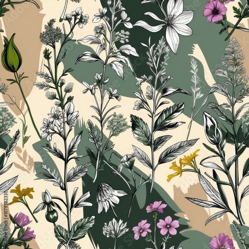 Elegant Floral Pattern with White and Green Plants on Beige Background