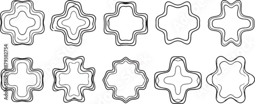 Black and white line shapes resembling flowers or crosses