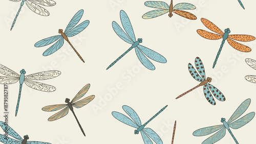 An elegant and delicate seamless pattern featuring stylized dragonflies with various wing patterns in soft blue and brown colors.