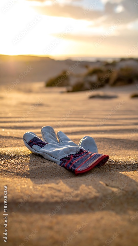 Fototapeta premium Lone work glove rests on a sandy dune under a warm sunset sky