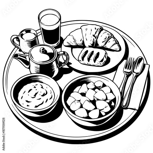 Monochrome ink illustration of a breakfast tray featuring a croissant, teapot, juice, and bowls of food. Minimalist hand-drawn style for menus, hospitality, and morning wellness graphics.