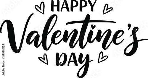 Happy Valentines Day text with black lettering and outlined hearts Keywords: valentine, valentines day, heart, black, love, celebration, greeting
