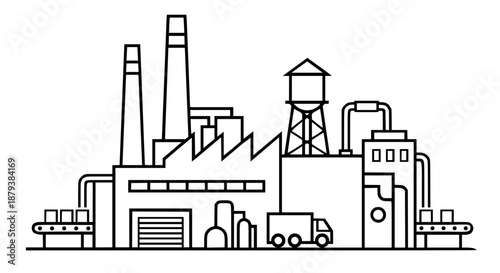 Factory industrial complex line art with manufacturing buildings, smokestacks, conveyor belts, water tower, truck and gear symbols. Outline illustration perfect for industry, production and business d