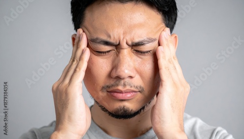 Man experiencing headache, holding temples with closed eyes.