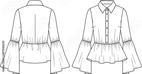 Women's Flared Bell Sleeve Peplum Blouse Technical Fashion Flat Sketch with Button-Down Front Closure and Fitted Waistline Apparel CAD Drawing