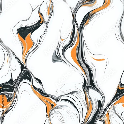 Abstract flowing patterns in white, black, and orange. Seamless pattern.