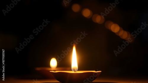 Golden diya glowing in darkness, symbolizing tradition and festive spirit in Indian culture.
