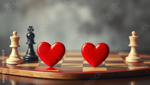 Symbolic chessboard with heart-shaped pieces at varied positions, depicting romantic timing dynamics.