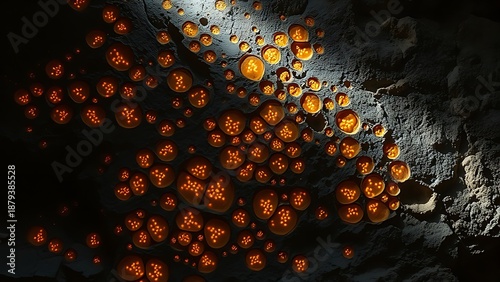 Fossilized microbial patterns glow in ancient rock, lit by primal sunlight.
