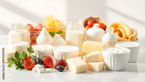 Fresh dairy products neatly arranged on a clean surface, bathed in soft natural light.