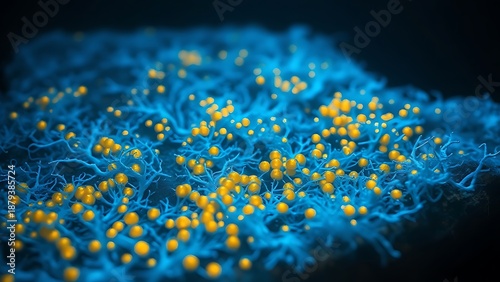 A macro view of an underwater microbial mat as a glowing, electric-blue mycelial network.