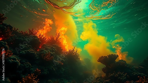 A terrifyingly beautiful underwater scene where the coral reef is consumed by an acidic neon-green and orange haze.