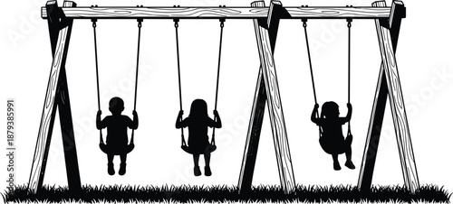 Silhouettes of children on swings, black playground figures on swing set, white background layout, outdoor playtime design