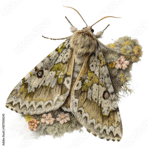 A moth cocoon expertly camouflaged with bark dust and lichen, showcasing natural adaptation and survival in the wild.