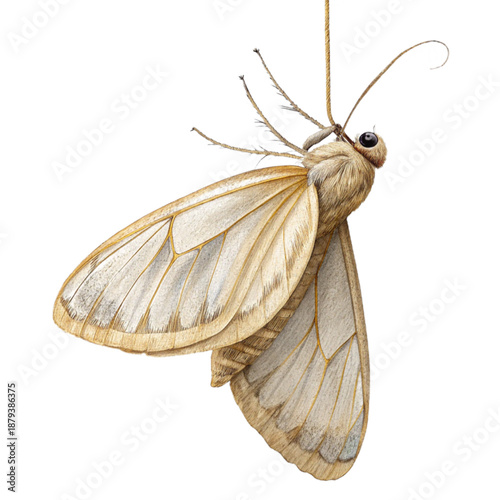 A moth cocoon delicately suspended by a single silk thread, showcasing nature's intricate details.