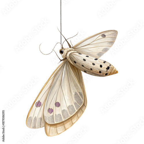 A moth cocoon hangs delicately suspended by a single silk thread, evoking a sense of serenity and wonder.