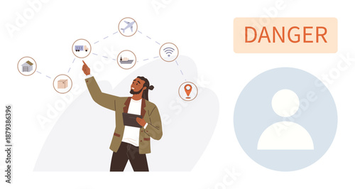 Smart technology, cybersecurity, connected devices, digital awareness, online safety, risk management. A man interacting with digital icons and a danger alert. Cybersecurity and digital awareness