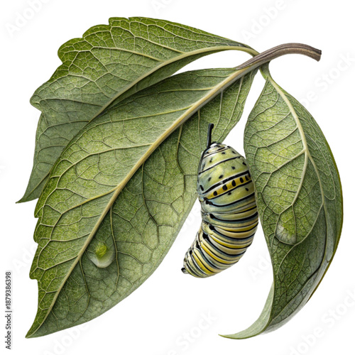 Intricate view of a caterpillar cocoon wrapped tightly in a spiral leaf, showcasing nature's detailed beauty and transformation process