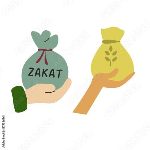 Giving Zakat Al-Fitr or Charity Sacks Hand Drawn Illustration