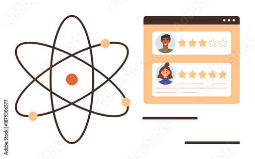 Science, feedback evaluation, rating systems, data analysis, online reviews, user experience. Visual of an atomic model and star rating profiles. Science and feedback evaluation together