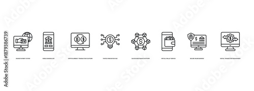 Digital Finance Solutions Banner Illustration Showing Online Payment System, Mobile Banking App, Cryptocurrency Transaction Platform, Fintech Innovation Hub, Blockchain Finance Network