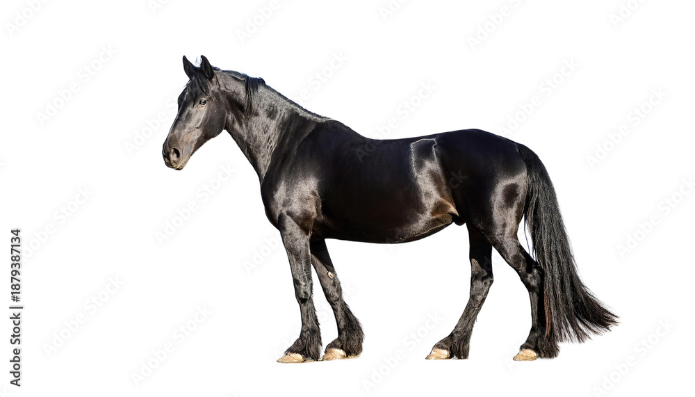 Fototapeta premium Black Horse Galloping with Saddle on White Background