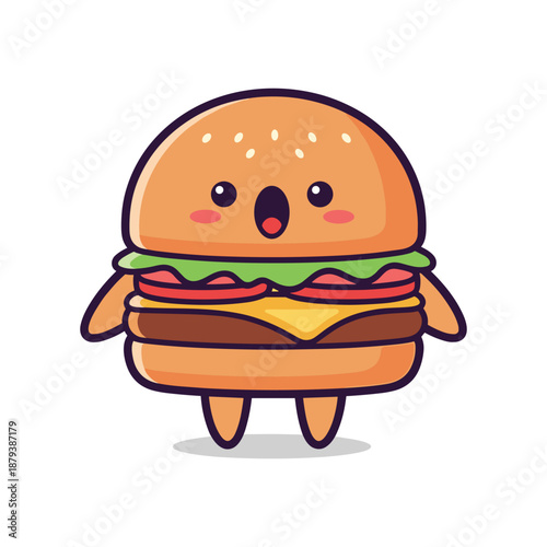 Delicious cartoon burger character with surprised expression