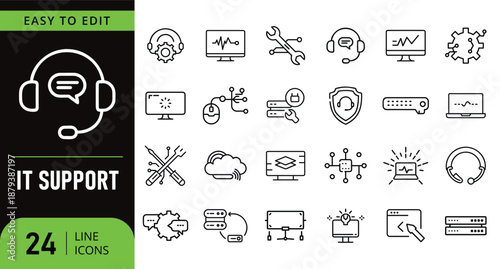 IT support line icons for business technology