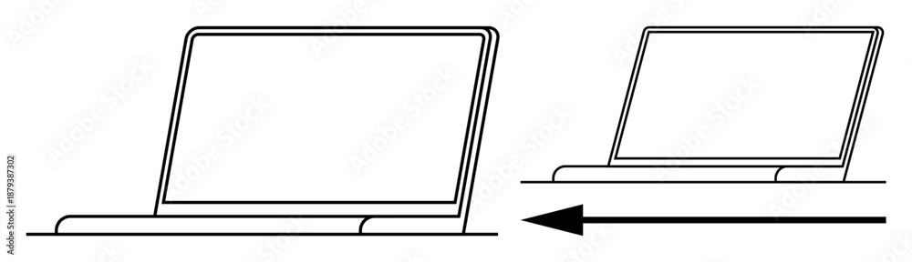 Obraz premium Laptop movement. Diagram a laptop shifting position with directional arrow. Movement in office, workspaces, and ergonomic setups. For tutorials, manuals, ergonomics, tech illustrations design guides
