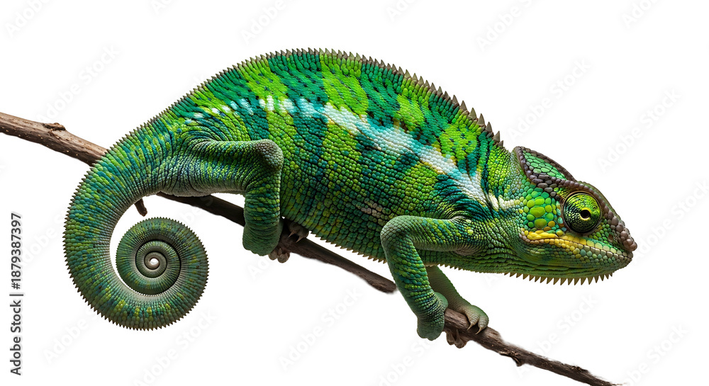 Obraz premium Green Chameleon on Branch A Colorful Reptile Portrait.