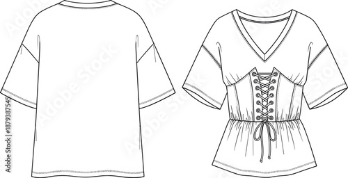 Women's Oversized T-Shirt Style Top with Cinched Waist Corset Detailing, V-Neckline, and Drawstring Peplum Hem Technical Fashion Flat Sketch