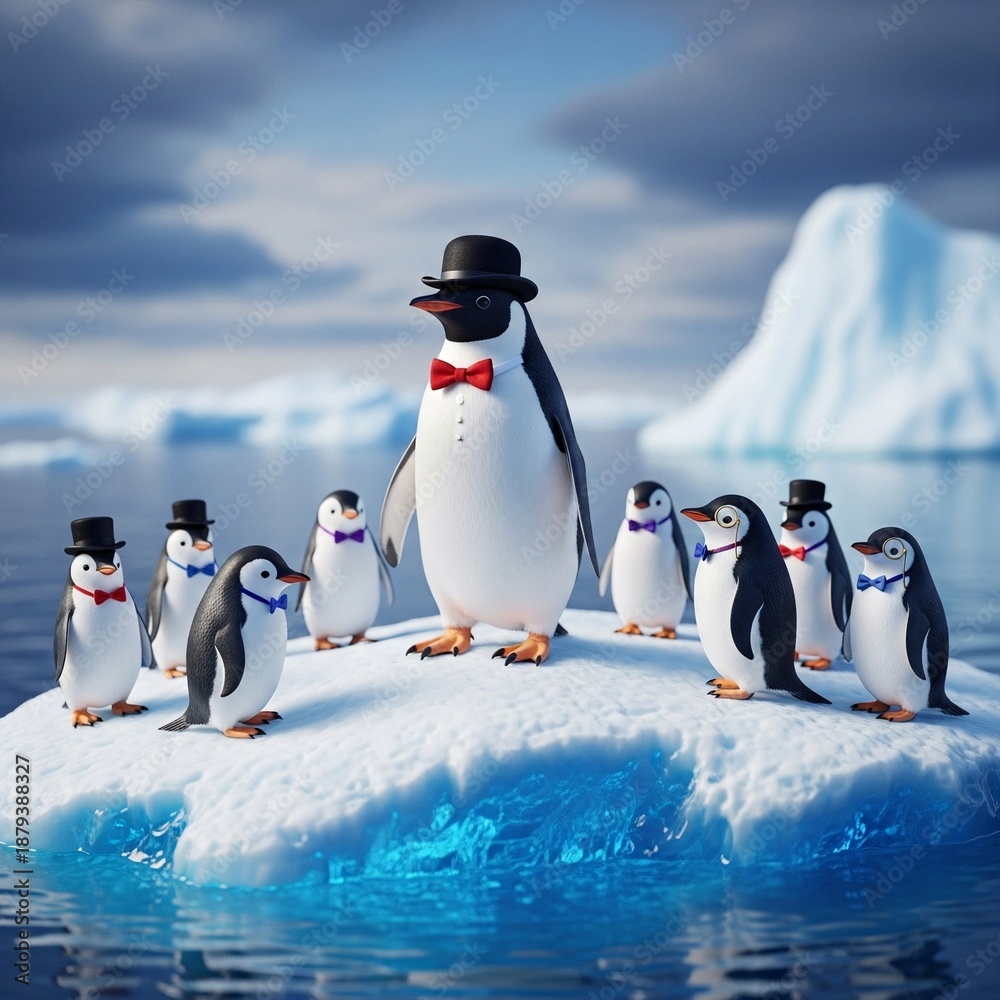 Fototapeta premium Funny penguin leader wearing hat on ice