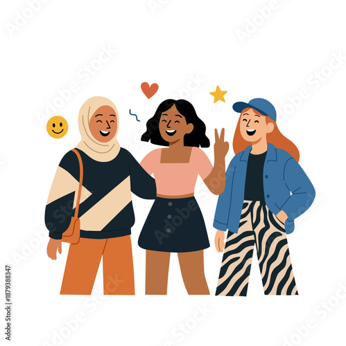 Diverse young women standing together smiling in friendship