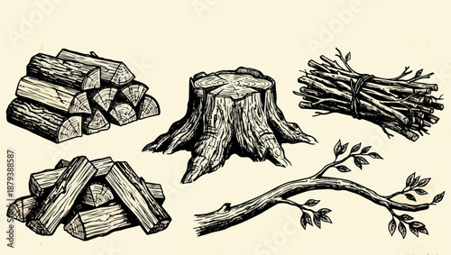 Hand-Drawn Wood and Log Illustration Pack, wood illustrations, log clipart, tree stump drawing, firewood sketch, branch vector, chopped wood art, black and white wood, wood grain texture, 