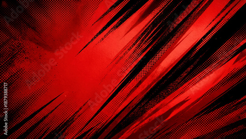 Dramatic Red Grunge Abstract Comic Book Background with Black Speed Lines and Halftone Effect