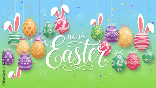 Happy Easter Egg Garland with Bunny Greeting on Festive Background, Colourful Spring Holiday Decoration, Cute Easter Celebration Scene with Decorative Eggs and Cheerful Bunny Concept
