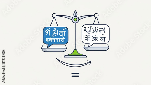 Balance scale with speech bubbles containing different languages symbolizing translation and communication flat vector illustration for concept