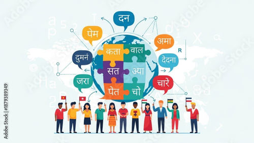 Global communication concept with diverse people holding flags and speech bubbles in different languages representing international connection and understanding flat vector illustration