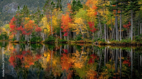 Autumn Forest Reflection On Calm Lake Waters With Colorful Foliage And Tall Trees In Natural Outdoor Setting During Daylight
