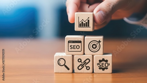 Hand stacking wooden blocks with seo and marketing strategy icons on a desk