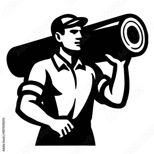 Man carrying large rolled up object on shoulder