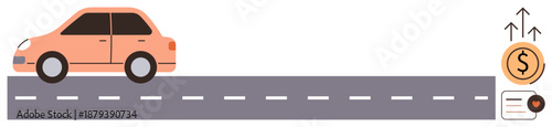 Transportation, finance, business growth, car insurance, economic success, investments. A small car on a road with rising dollar arrows and document. Transportation and finance concept