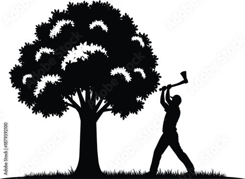 Silhouette of a Man Chopping a Large Leafy Tree with an Axe on a Grassy Field Isolated on White Background for Forestry Design