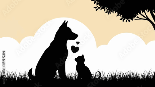Dog and Cat Silhouette Friendship Hearts Outdoors.