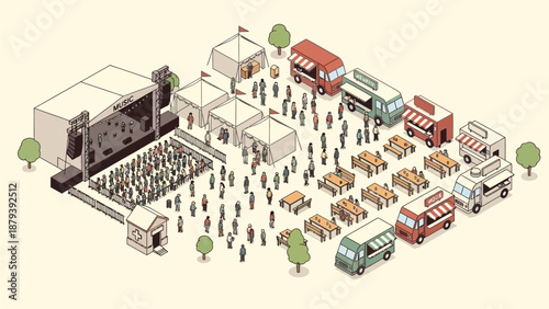 This flat design illustration offers an aerial perspective of a sprawling music festival, showcasing its various zones and the movement of a large crowd.