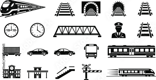 Black Railway Transport Icon Set Featuring High Speed Trains, Railroad Tracks, Tunnels, Stations, Bridges, and Logistics Symbols for Public Infrastructure Mapping