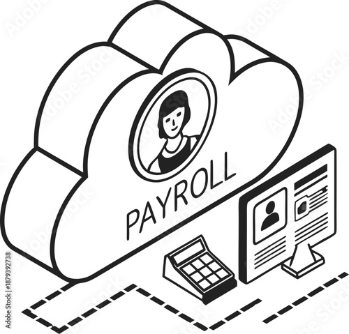 Cloud Payroll Illustration: Conceptual graphic depicting payroll processes, with a cloud icon symbolizing data storage, a person's avatar, and a computer screen.