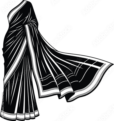 Black Silhouette Illustration of a Traditional Indian Saree with Elegant Draping, Featuring Decorative Borders for Ethnic Fashion and Cultural Apparel Design