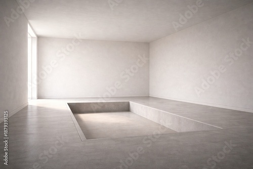 Minimal White Interior with Geometric Sunken Floor and Soft Natural Light